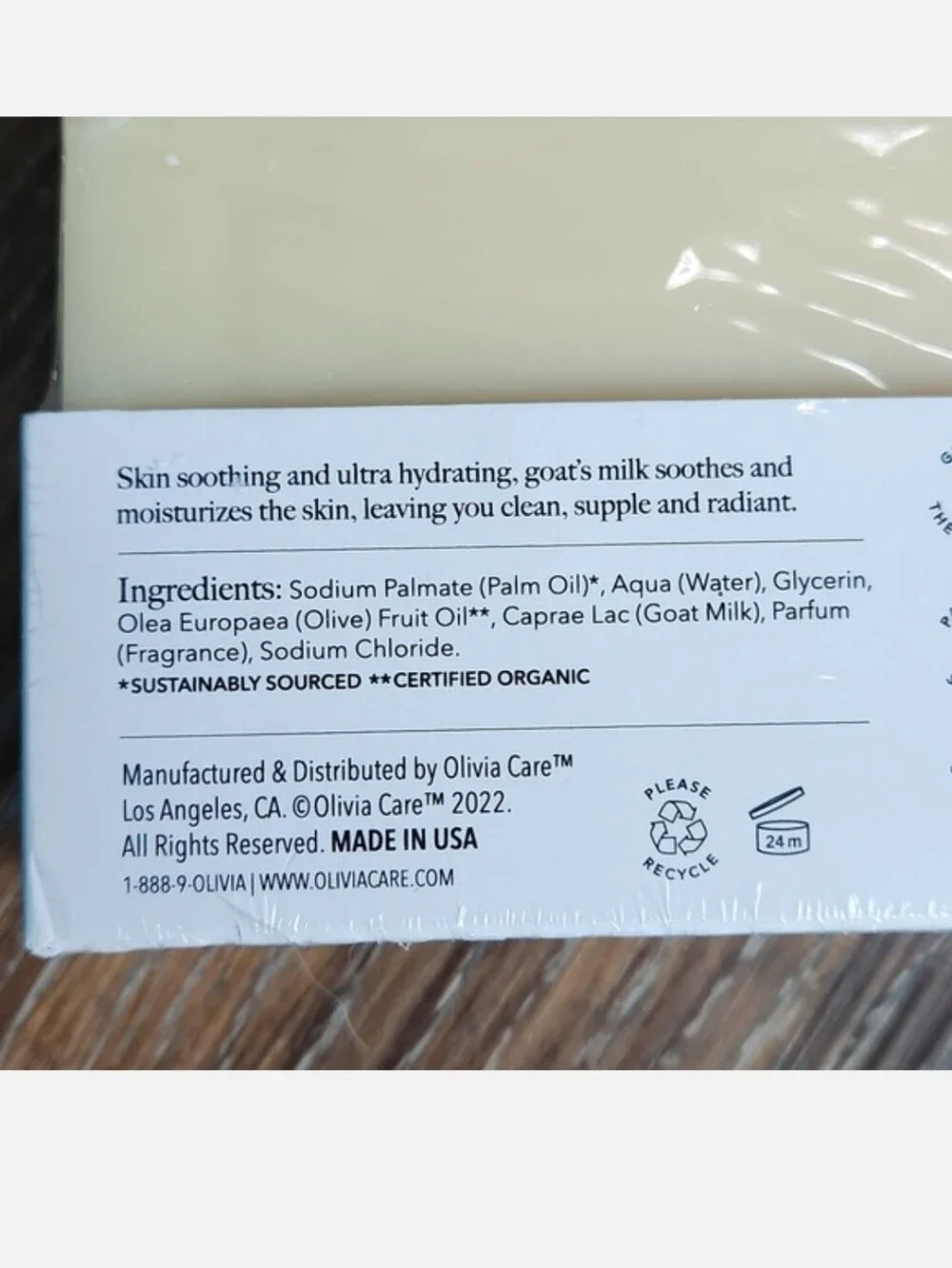 NWT Olivia Care Goat's Milk Bar Soap Organic Ingredients 8 oz